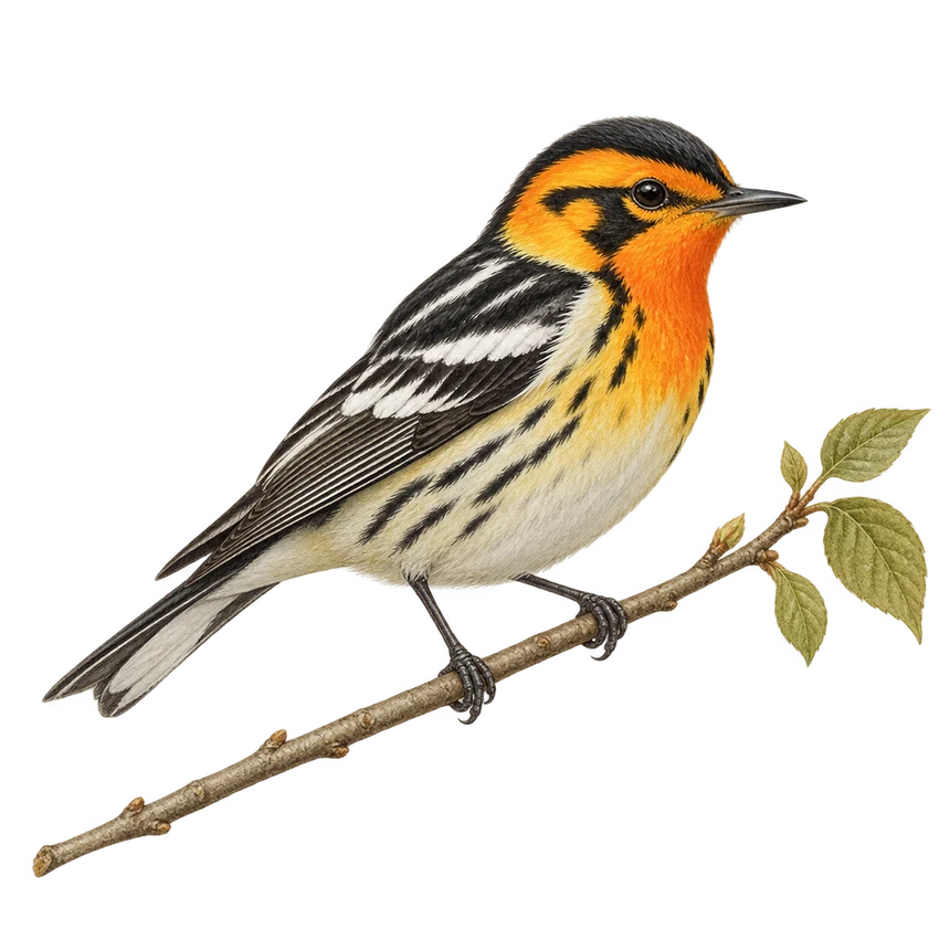Illustration: Blackburnian warbler perched on a leafy twig