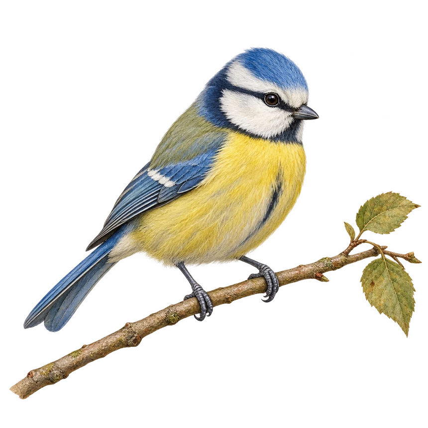 Illustration: Eurasian blue tit perched on a leafy twig