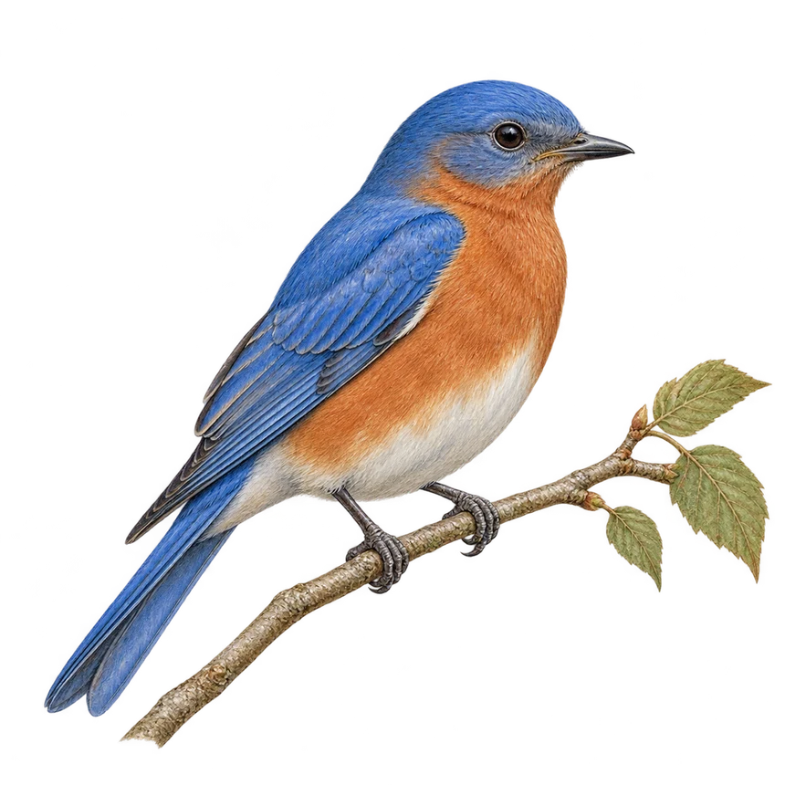 Illustration: Eastern bluebird perched on a leafy twig
