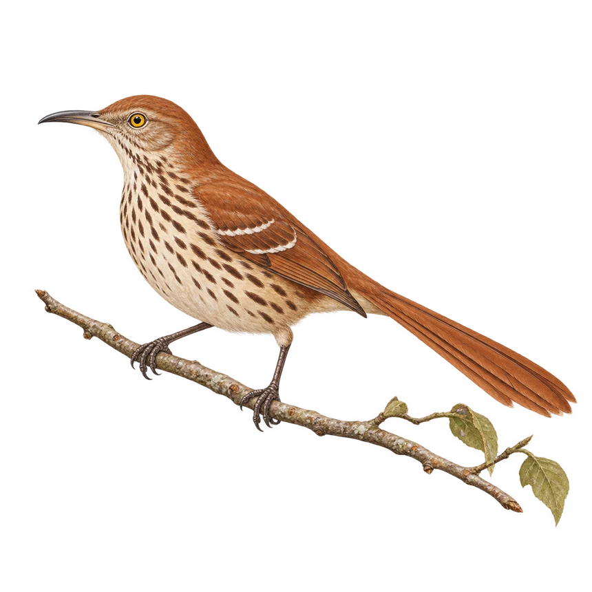 Illustration: Brown thrasher perched on a leafy twig
