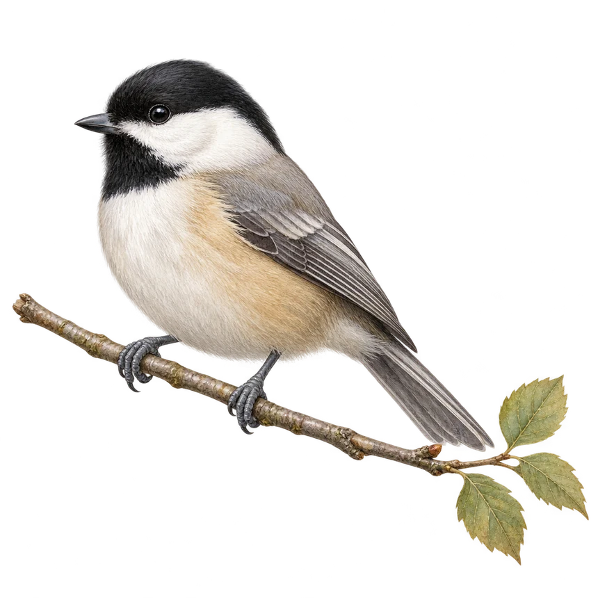Illustration: Black-capped chickadee perched on a leafy twig