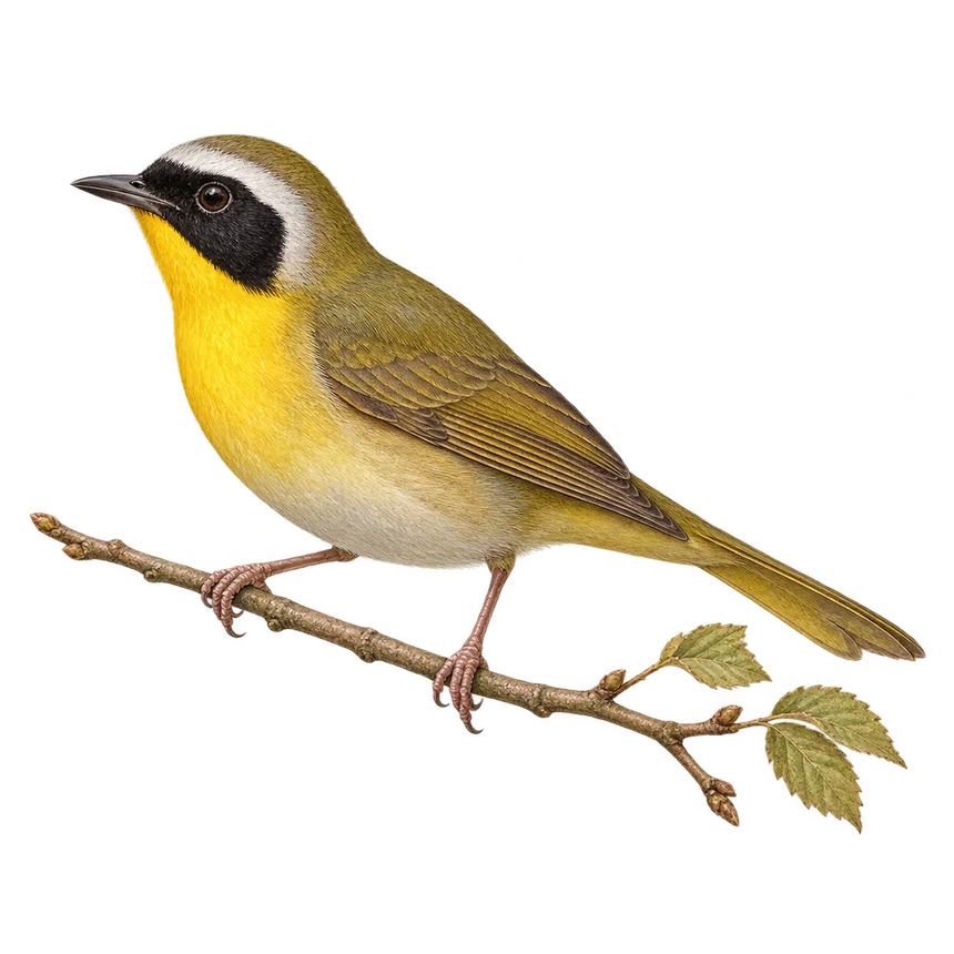 Illustration: Common yellowthroat perched on a leafy twig