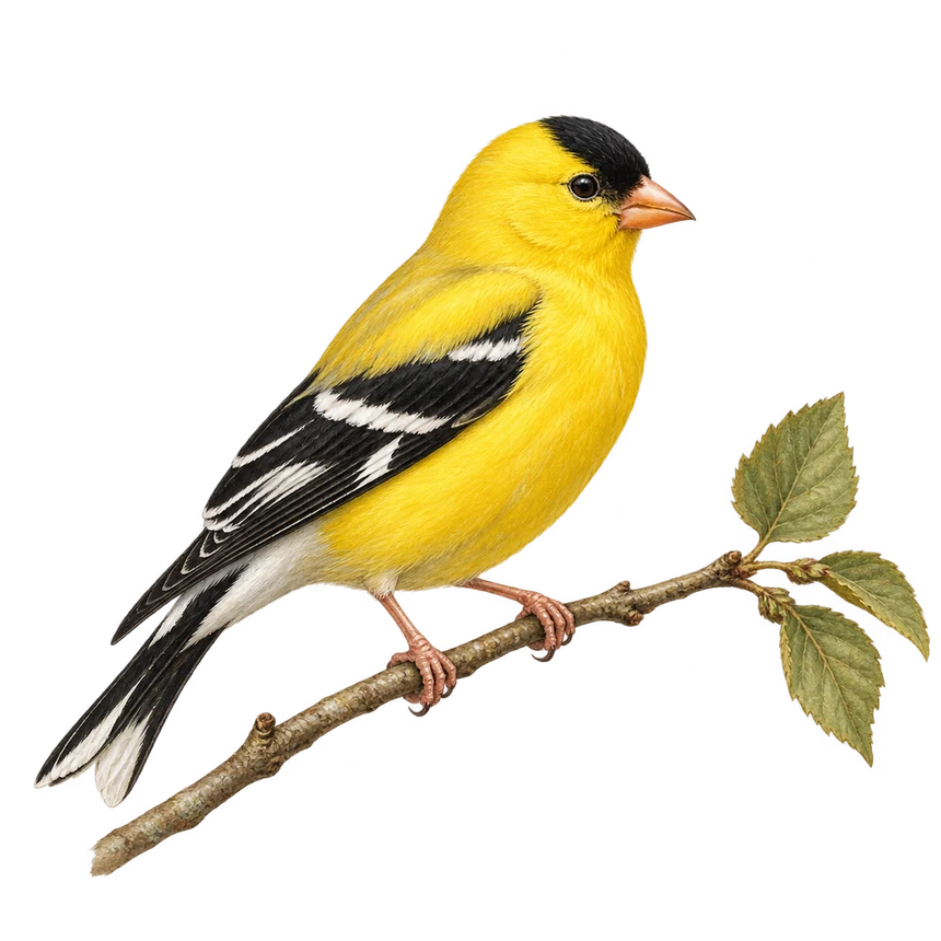 Illustration: American goldfinch perched on a leafy twig
