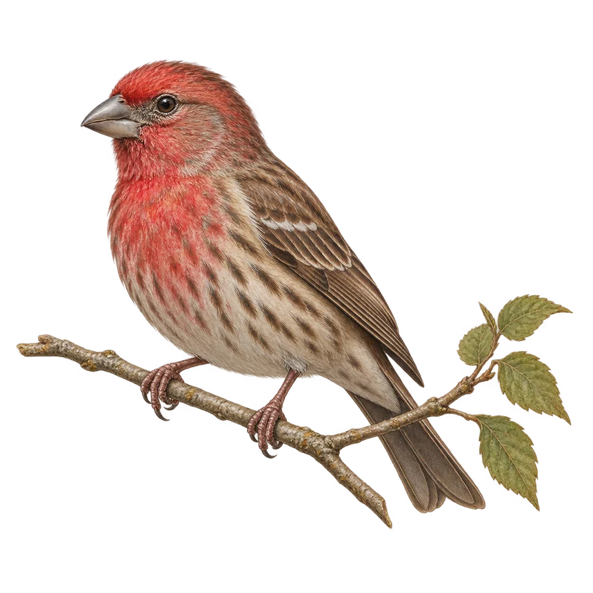 Illustration: House finch perched on a leafy twig