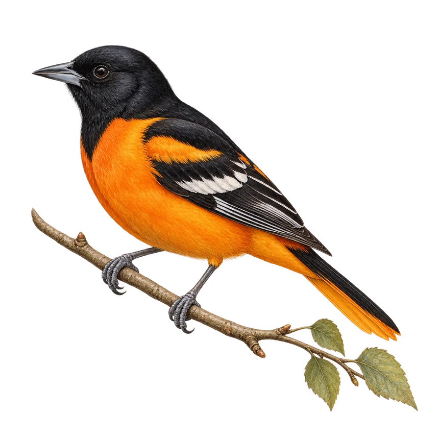 Illustration: Baltimore oriole perched on a leafy twig