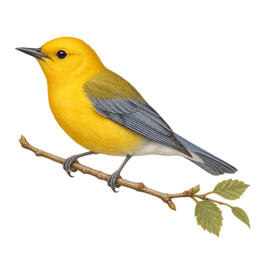 Illustration: Prothonotary warbler perched on a leafy twig