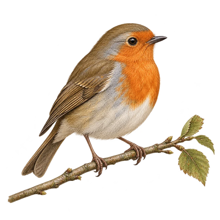 Illustration: European robin perched on a leafy twig