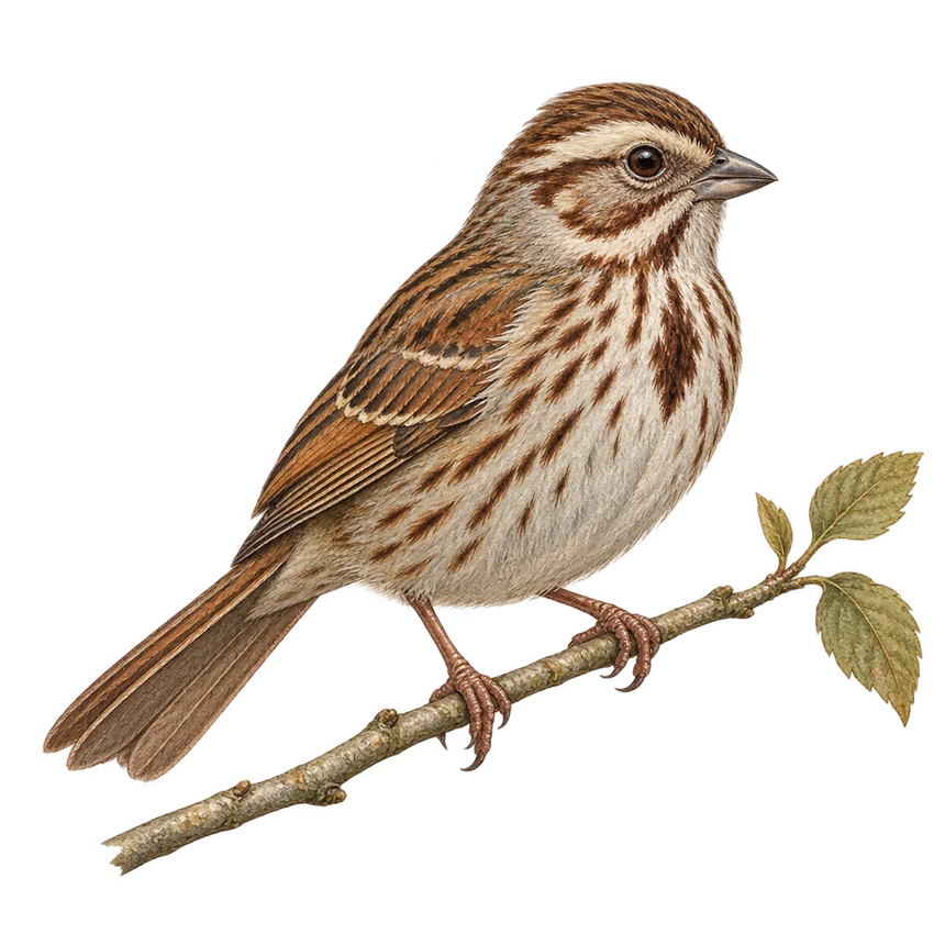 Illustration: Song sparrow perched on a leafy twig