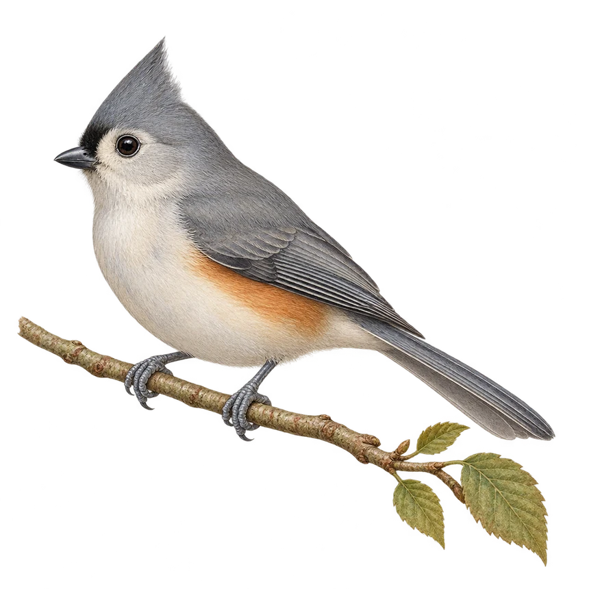 Illustration: Tufted titmouse perched on a leafy twig