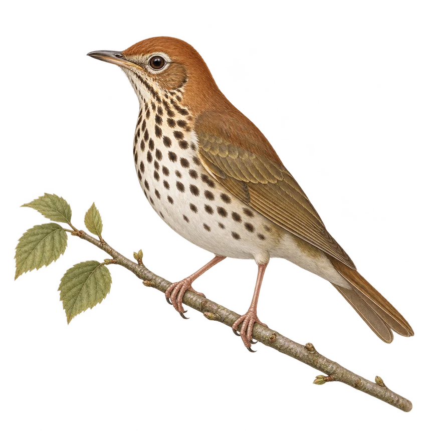 Illustration: Wood thrush perched on a leafy twig